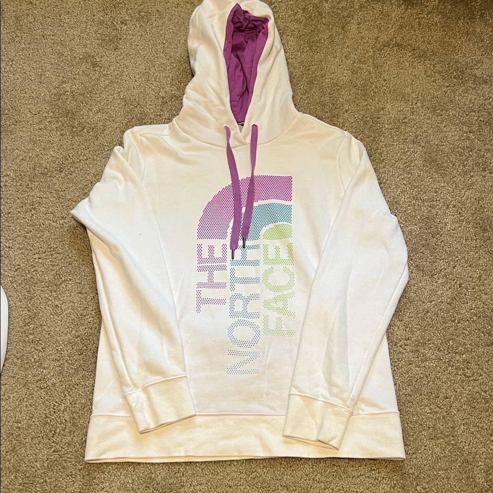 The North Face Cream Pullover Hoodie with Purple Logo